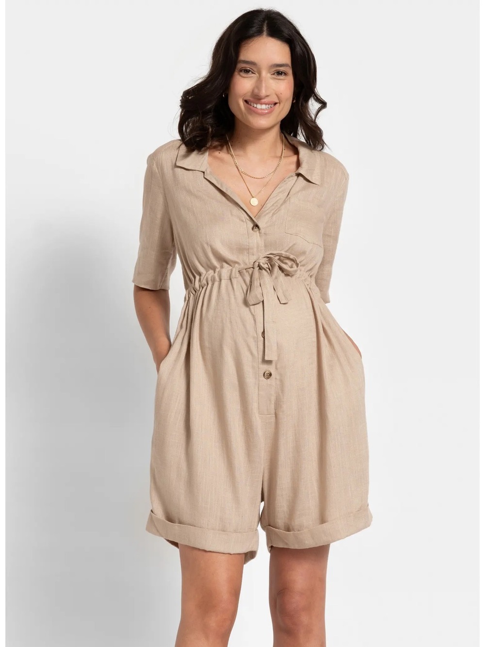 🌻NEW w/tag Seraphine Sand Maternity Nursing Utility Romper Linen Blend Size 6